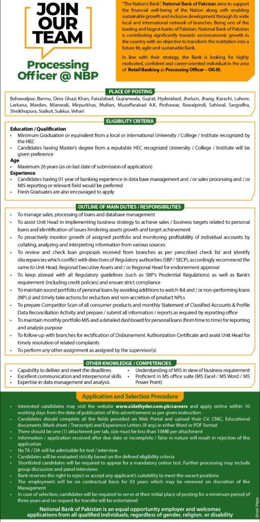 The National Bank of Pakistan (NBP) is seeking dynamic, qualified, and career-oriented professionals for the position of Processing Officer (OG-III) in Retail Banking.