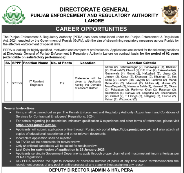 Official job advertisement for IT Resident Engineer Jobs 2025 at PERA Punjab. Salary 100,000+ PKR, multiple vacancies across Punjab. Apply before 25 Jan 2025.