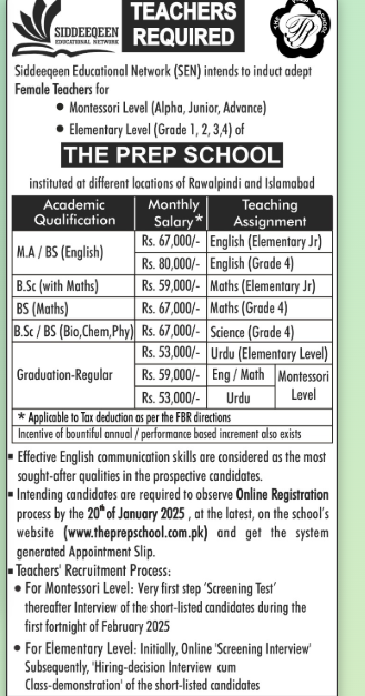 Siddeeqeen Educational Network is hiring skilled female teachers for Montessori and Elementary levels. With excellent salary packages and growth opportunities, this is your chance to join a leading educational institution. Apply now before the 20th January 2025 deadline.