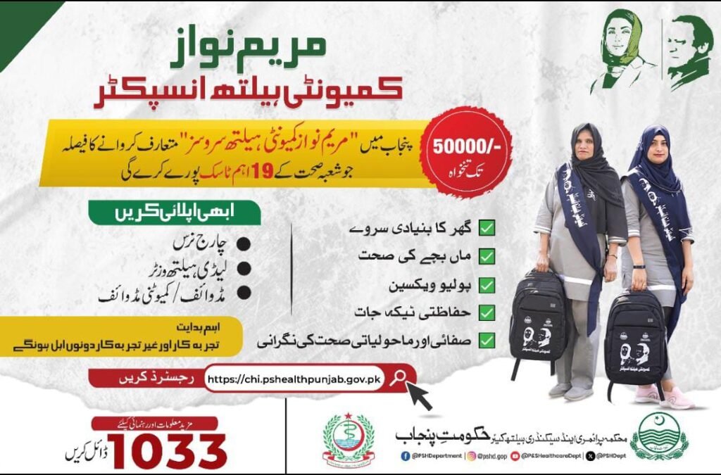 The Government of Punjab has announced Health Inspector Jobs 2025 under the 'Maryam Nawaz Community Health Program.' This initiative aims to enhance healthcare services across Punjab, offering unlimited vacancies for Charge Nurses, Lady Health Visitors, and Midwives. Candidates can earn up to 50,000 PKR per month while playing a vital role in maternal and child health, vaccination programs, and hygiene awareness.