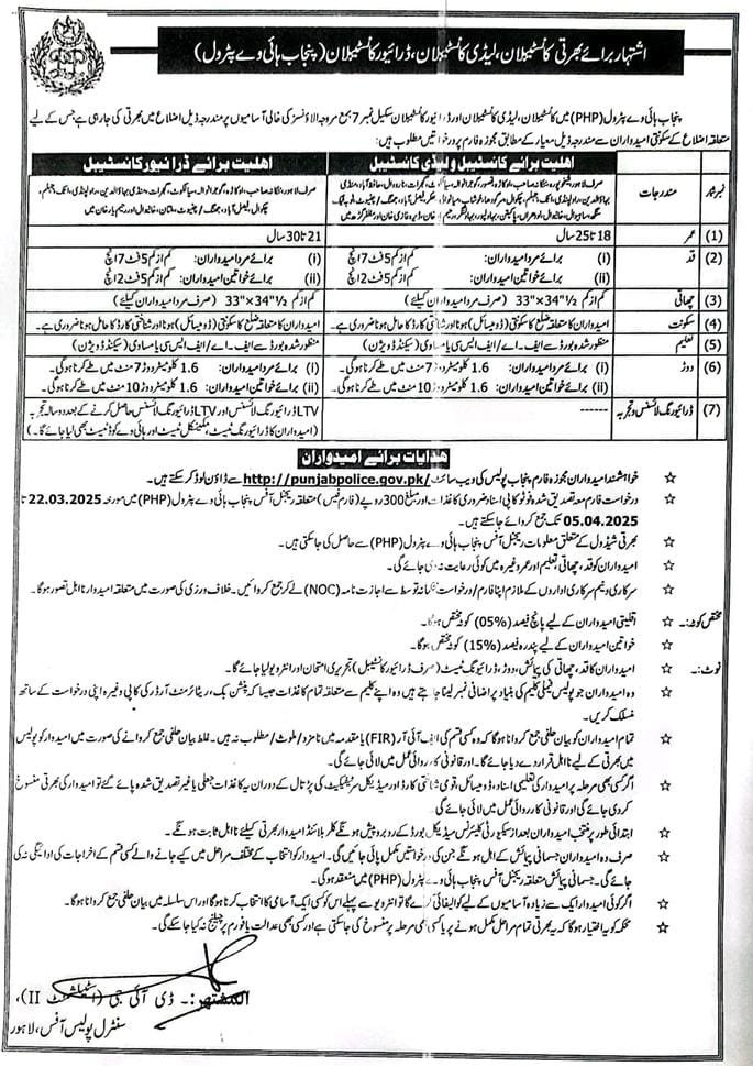 Looking for Punjab Police Jobs 2025? 🚓 Join the Highway Patrol as a Constable, Lady Constable, or Driver. Attractive salary, benefits & career stability! Apply now before the deadline!